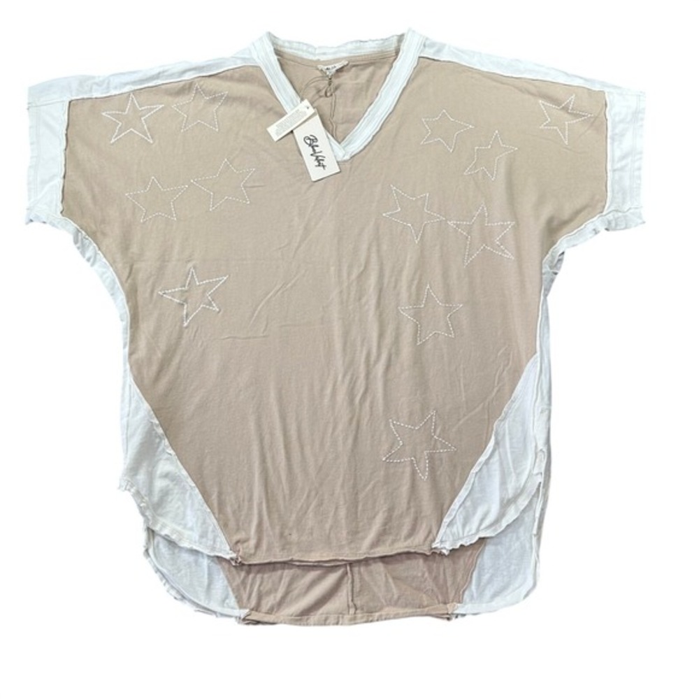 Blue Velvet Tan Star Embroidered V-Neck Cotton Top Two-Tone Boho NEW Oversized
